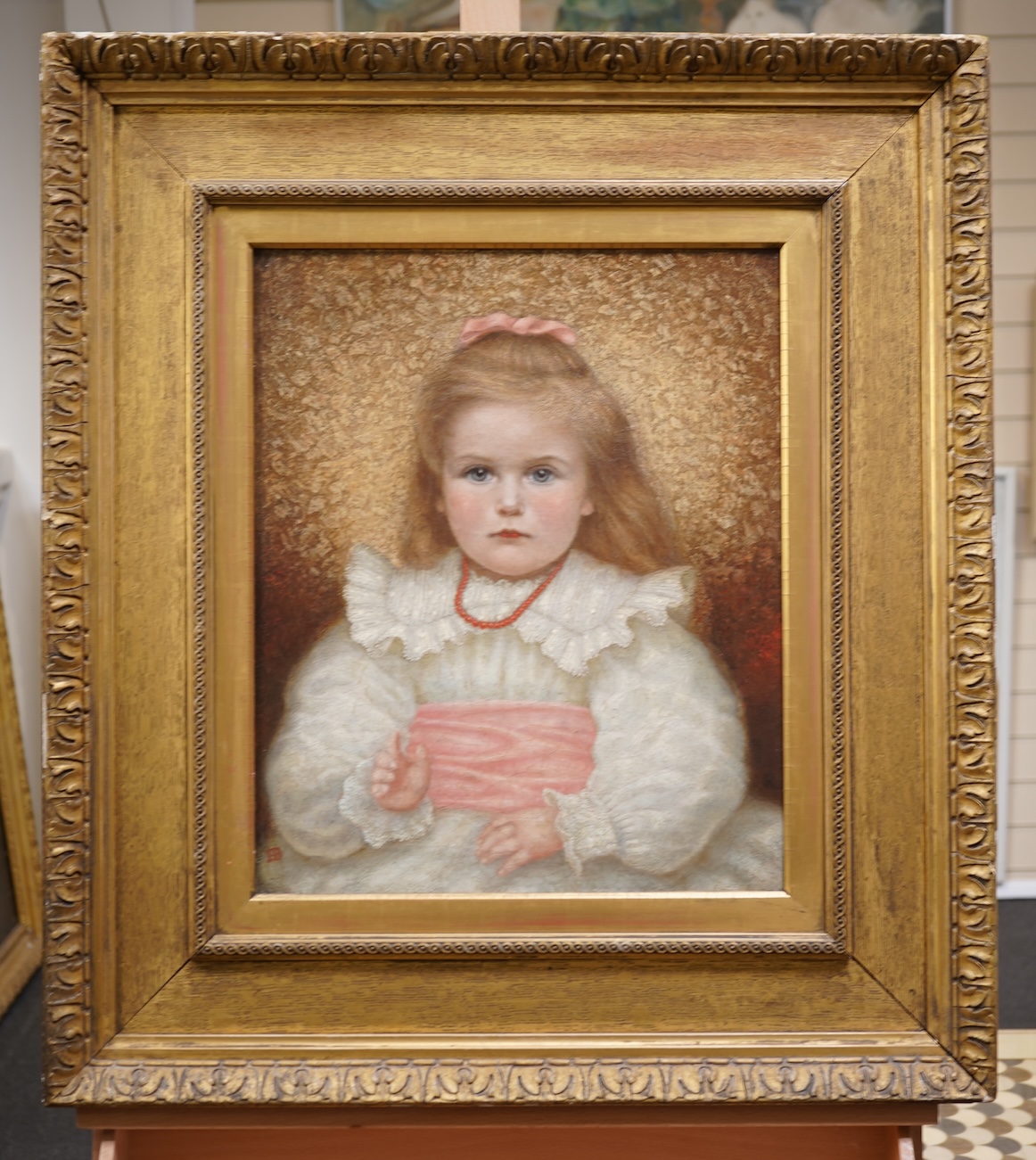 Monogrammist E.B., Half-length portrait of a young girl wearing a pink bow